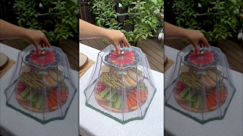 The frame of a lampshade converted into a mesh protective food cover over a tiered plate of picnic food.