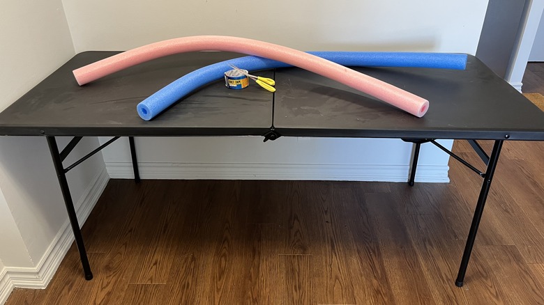 Pool noodles, scissors, and tape on table