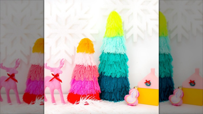 Colorful miniature wool tassel trees