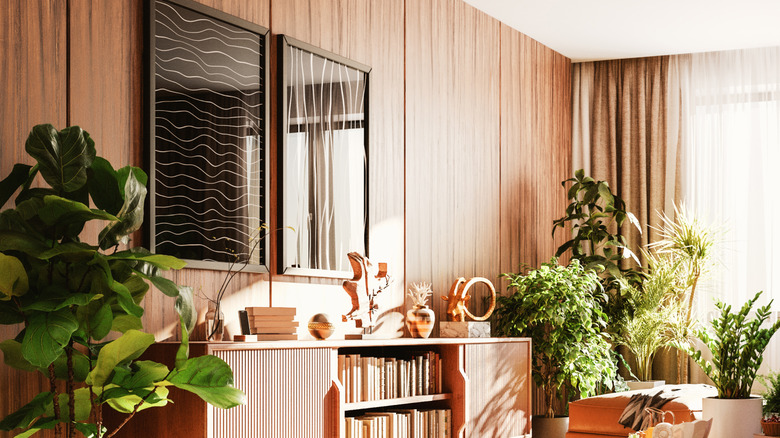 Modern living room with a paneled accent wall.