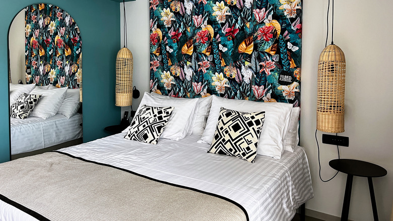 Bed featuring mixed floral and geometric patterns