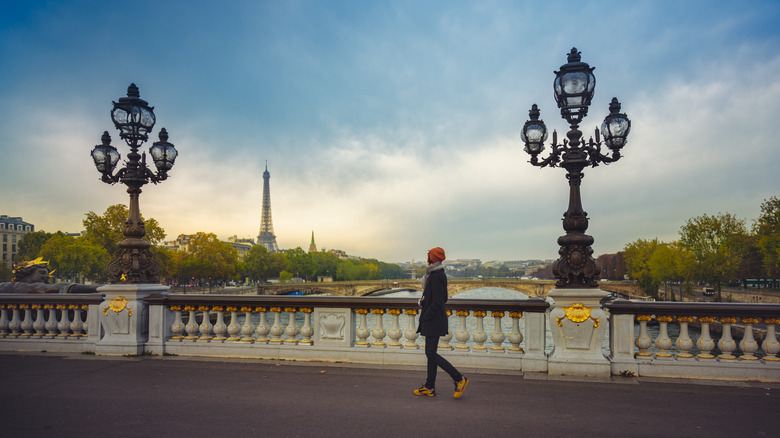 Person walking bridge in Paris