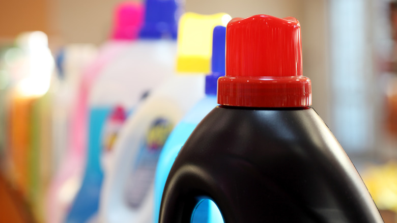 Laundry detergent bottles closeup