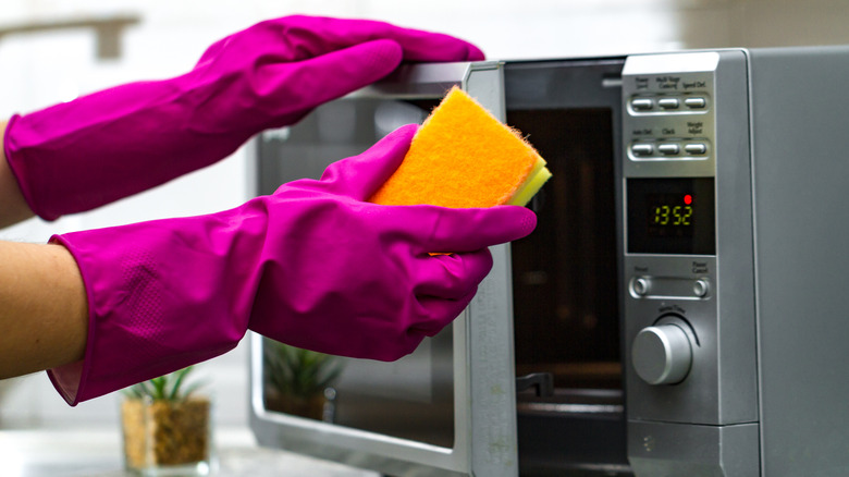 Cleaning microwave with sponge