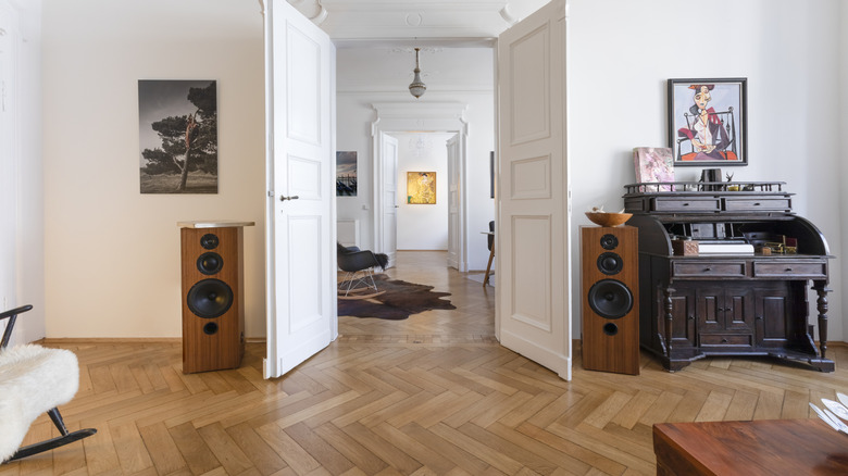 Living room with wood herringbone floor pattern