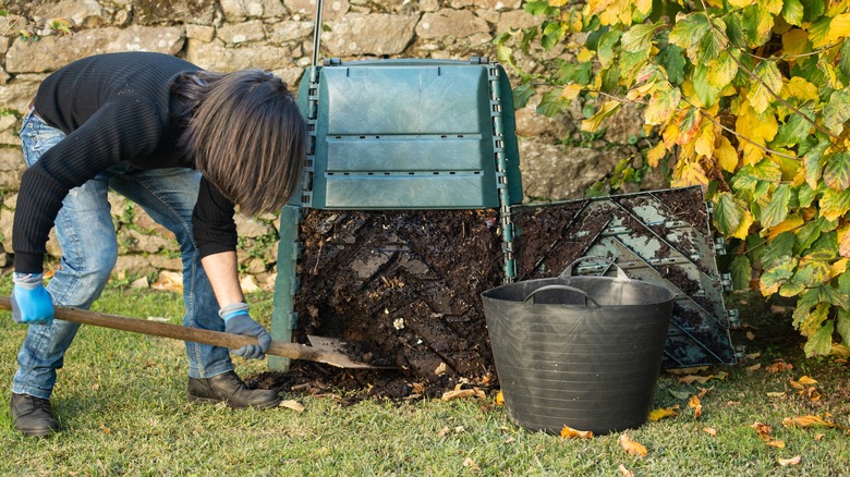 Woman shoveling compost from bin