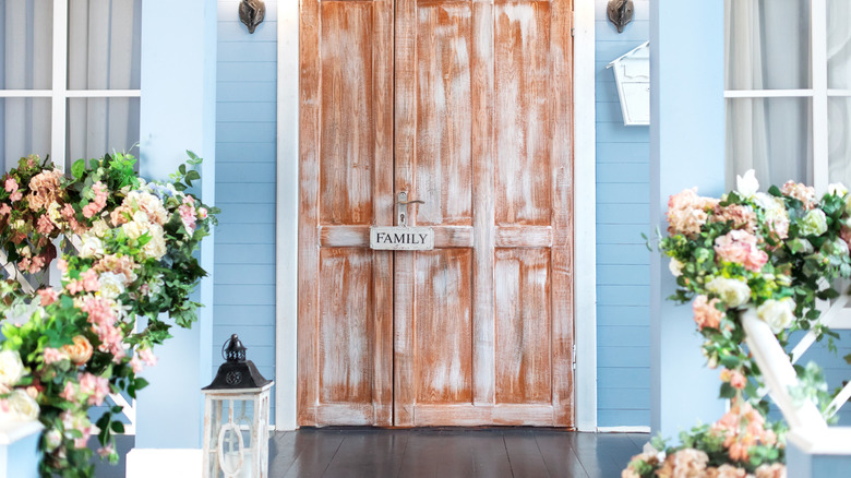 Spring porch with wooden door