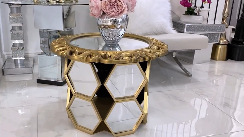 A complete side table made from Dollar Tree mirrors.