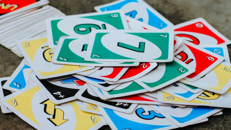 Pile of Uno cards on table