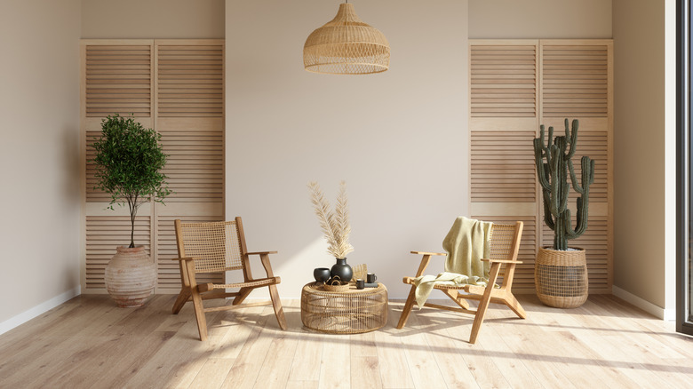 Living room with wicker furniture and bamboo floors