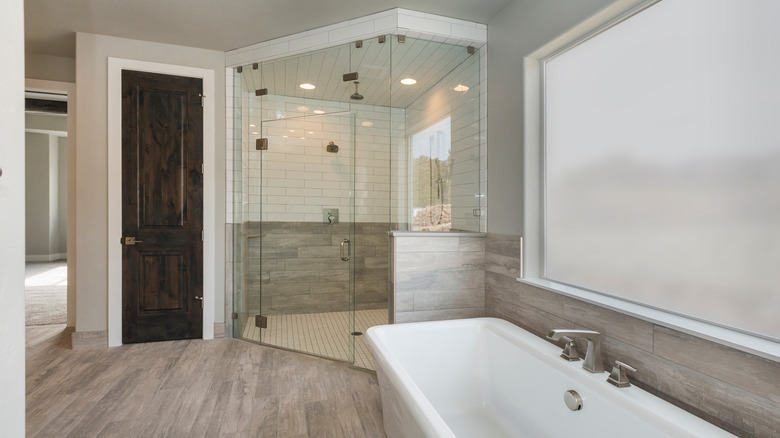 large glass shower in bathroom