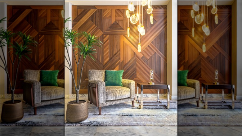 Cascading chandelier hanging in a living room