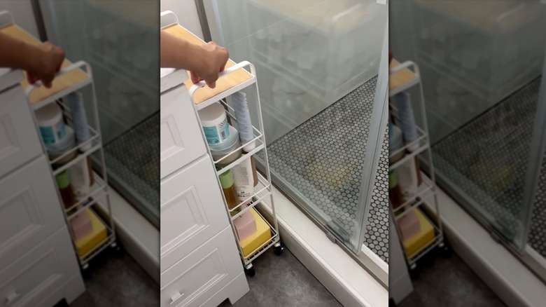 Slim storage cart in bathroom