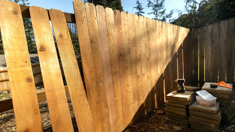 Cedar wood pickets and power tools during fence build