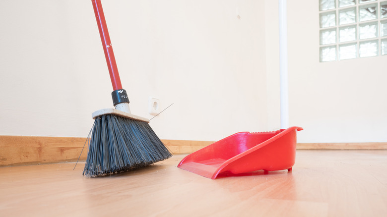 dustpan and broom on hardwood floor