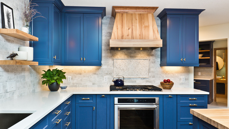 Blue wood cabinets in kitchen