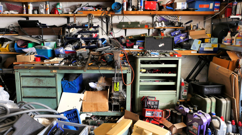 very cluttered garage