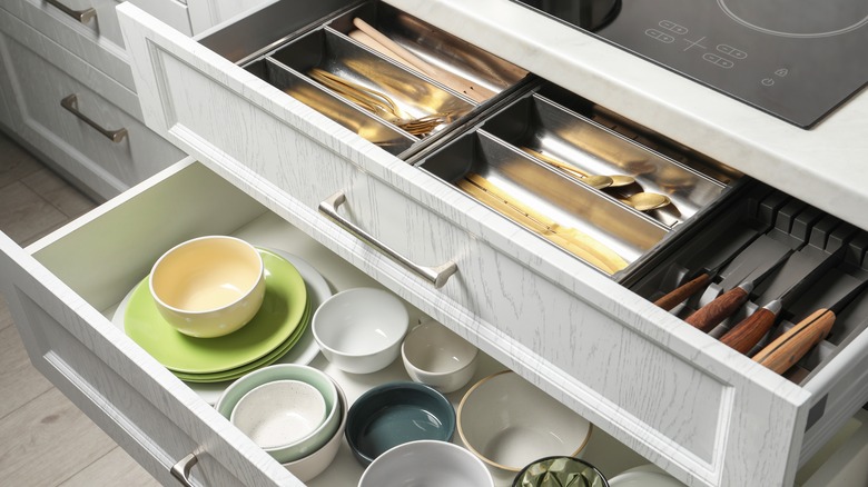 Closeup of a kitchen drawer.