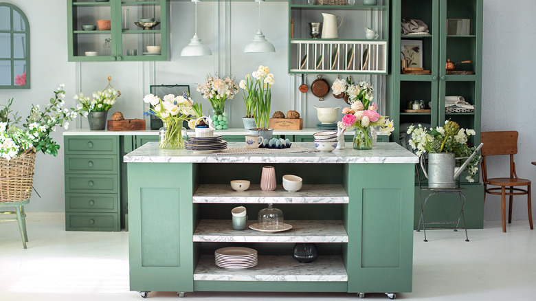 a rustic, green-themed kitchen