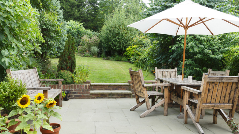 backyard patio with umbrella