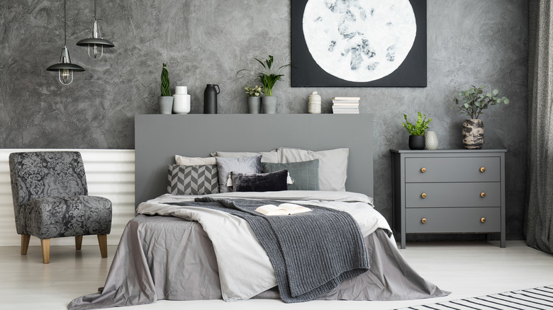 monochromatic gray bedroom 