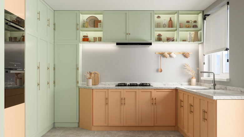 Cabinets in sage and wood tones