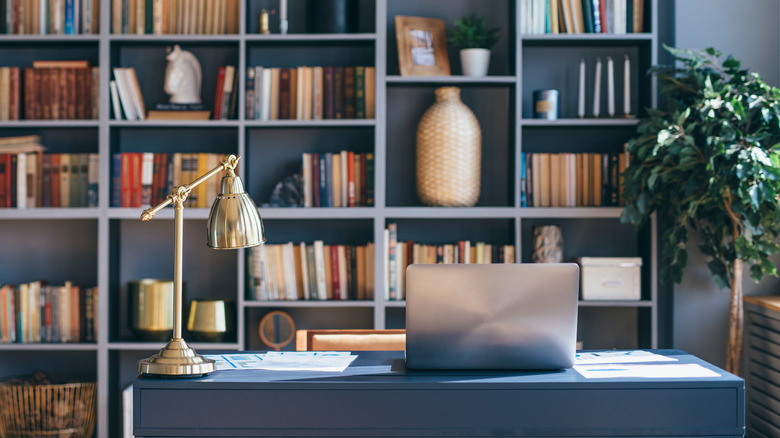 Home office with background bookcase