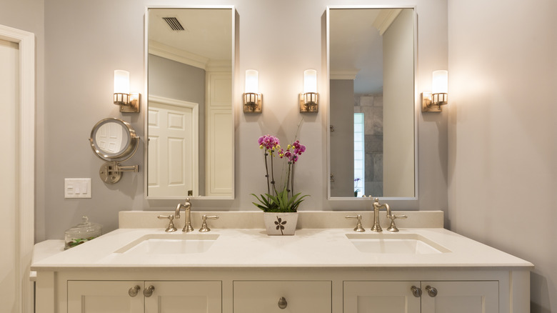 A modern bathroom with the lights on