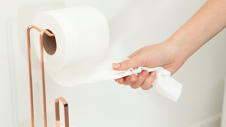 Person pulling toilet paper 