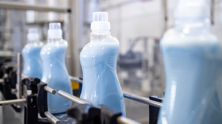 Bottles of cleaner in factory