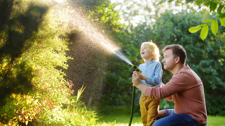 son and father watering lawn