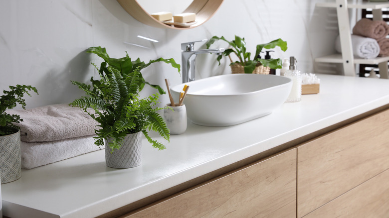 Wood cabinets in bathroom