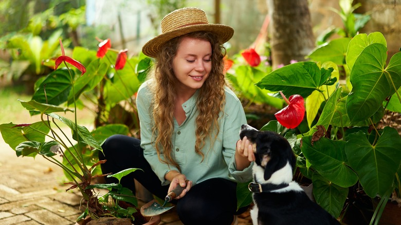 woman and dog with plant