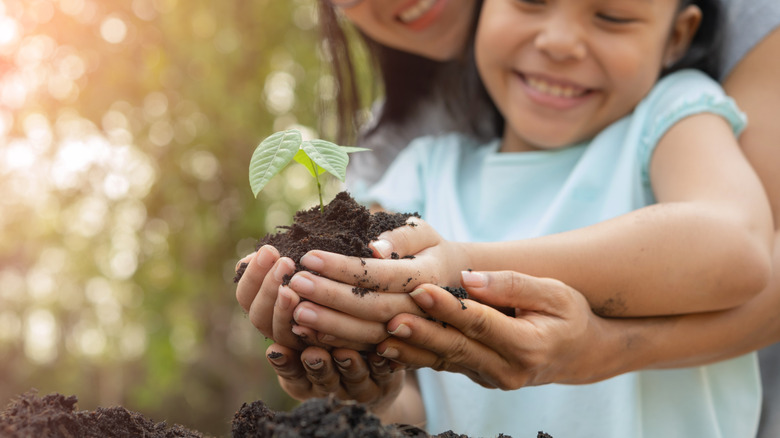 A mother and daughter plant a tree seedling in soil together.