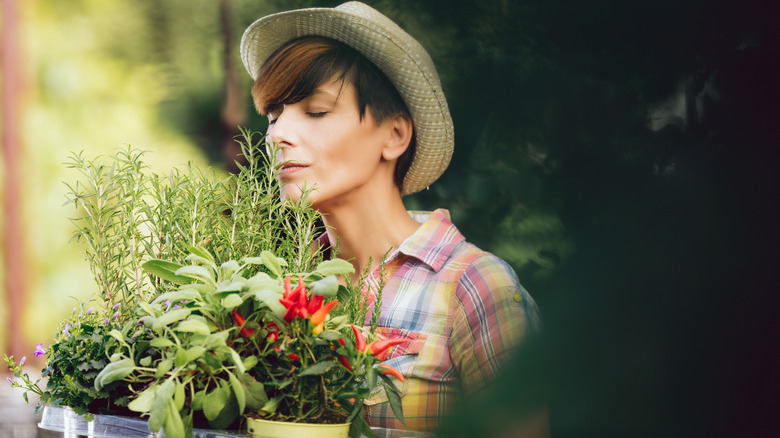 Woman smelling garden herbs