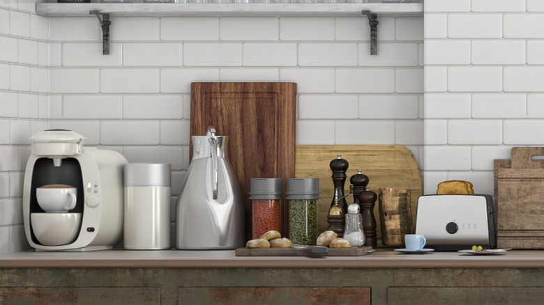 Rustic kitchen with a crowded, cluttered countertop