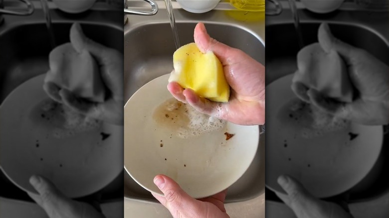 Hand with sponge washing dish