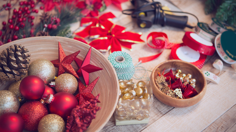 Holiday decorating supplies on a table