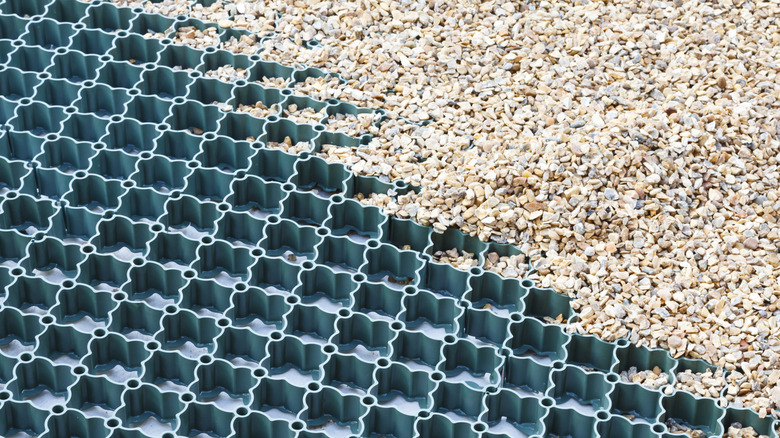 A plastic grid system designed to keep gravel in place