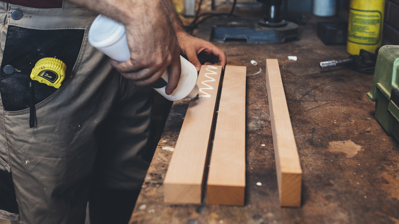 Person applying glue to wood