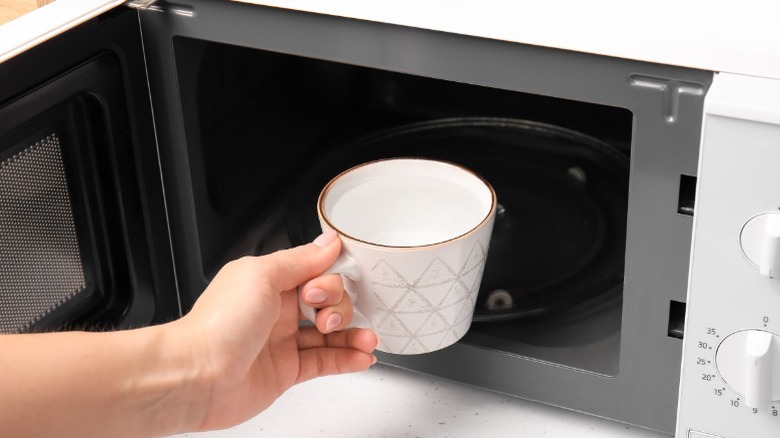 Woman placing water in microwave 