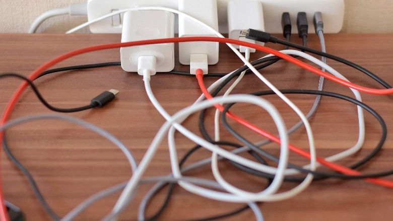 tangled electrical cords in powerstrip 