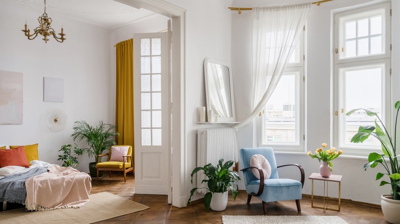 Modern room with vintage chandelier