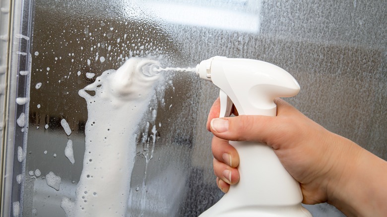 person spraying shower door