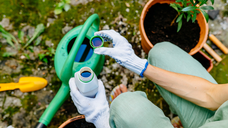 gardener mixing chemical with water