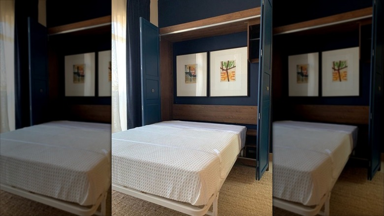 Memory foam mattress in open Murphy bed with PAX frame