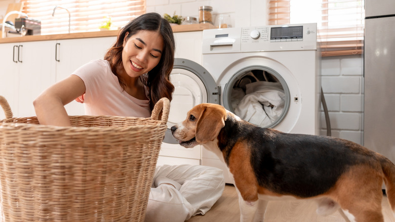 Woman with laundry basket and dog doing laundry