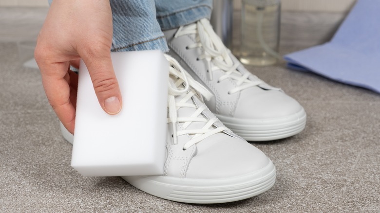 sneakers cleaned with melamine sponge