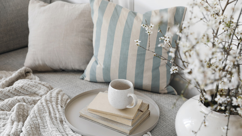 Cozy gray sofa with striped pillow and coffee tray