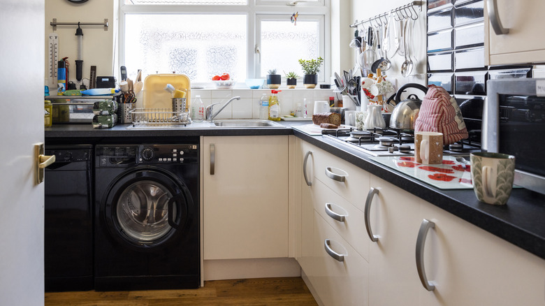 Cluttered kitchen countertop